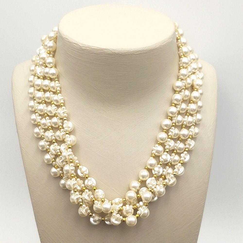 Vintage Hand Strung 4 Strand Mushroom Pearl & Gold Beaded Necklace (18")